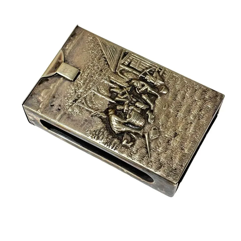 Vintage hallmarked Denmark silver metal match box cover hinged lid village scene